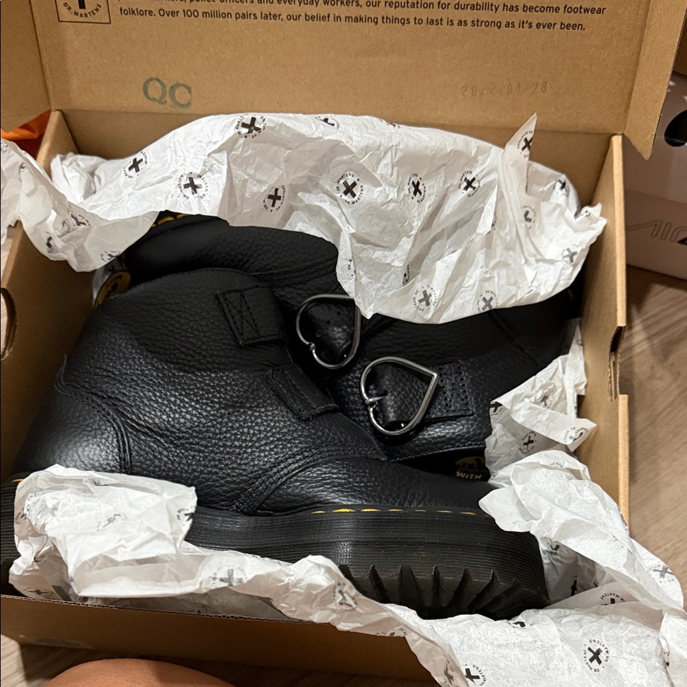 Black Leather Platform Ankle Boot with Heart Buckle - Picture 2 of 2